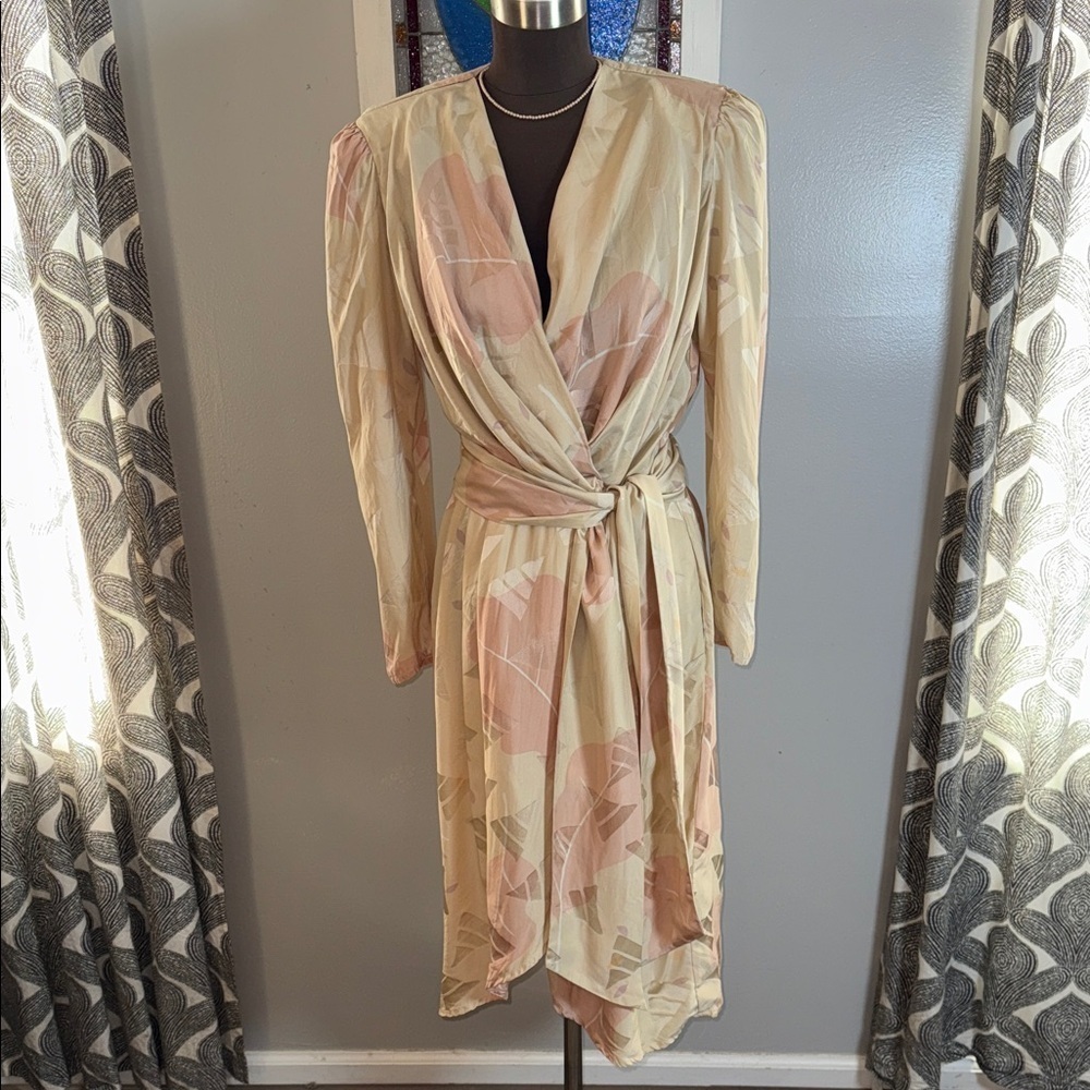 Vintage 80s Argenti 100% Silk Faux Wrap Dress Pastel Abstract Floral SZ 14
